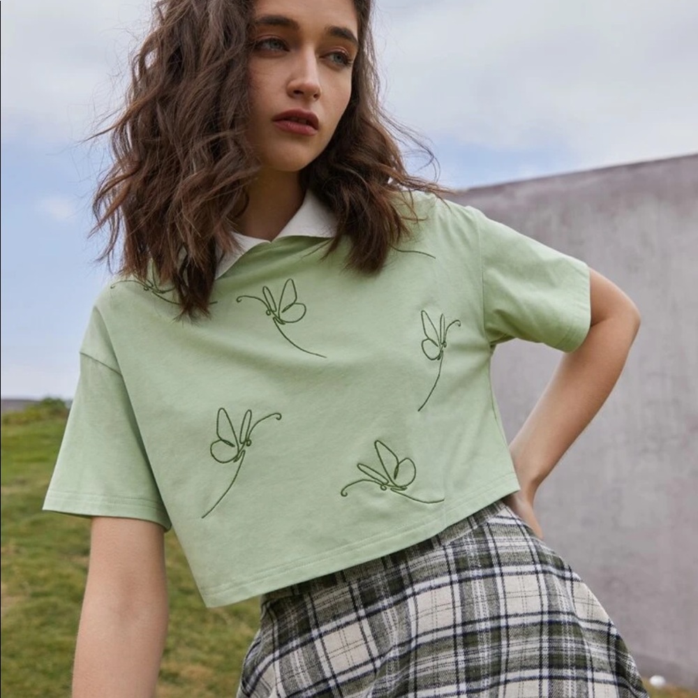 Light Green Cropped Tee with Butterfly Sketches